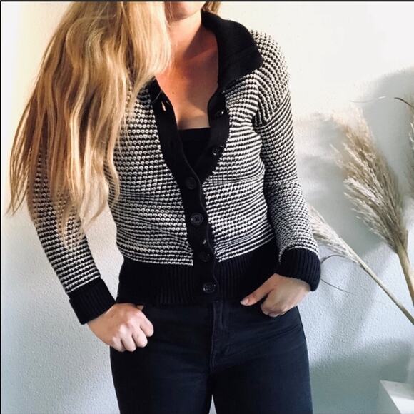 BANANA REPUBLIC Black White Chunky Knit Button Front Wool Cardigan Sweater XS - Picture 1 of 7